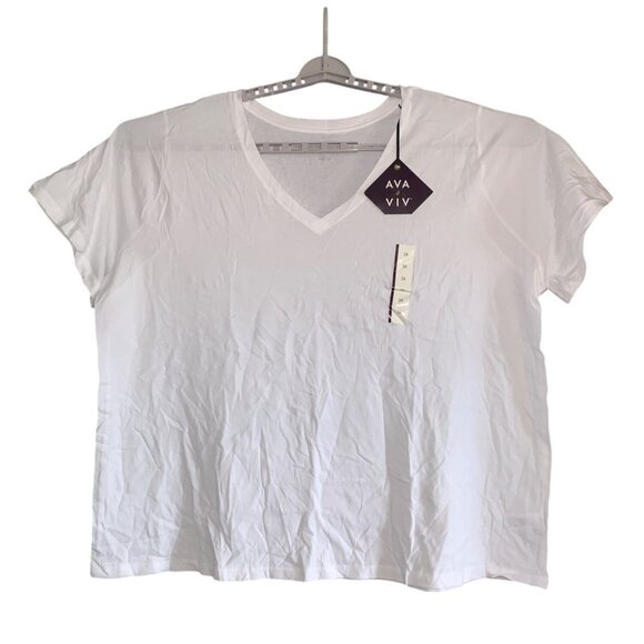 Ava & Viv Womens Plus Size White V-Neck Basic Tee Soft Cotton Casual Top - Picture 1 of 12